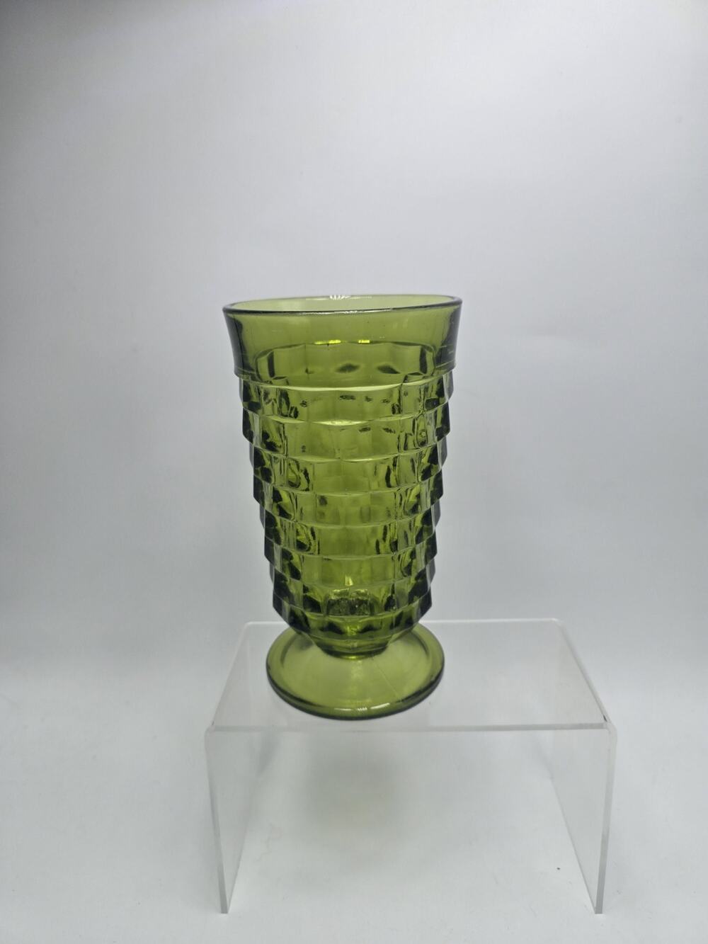 Vintage INDIANA GLASS Whitehall Avocado Green Cubist 6" Footed Tumbler Pedestal.